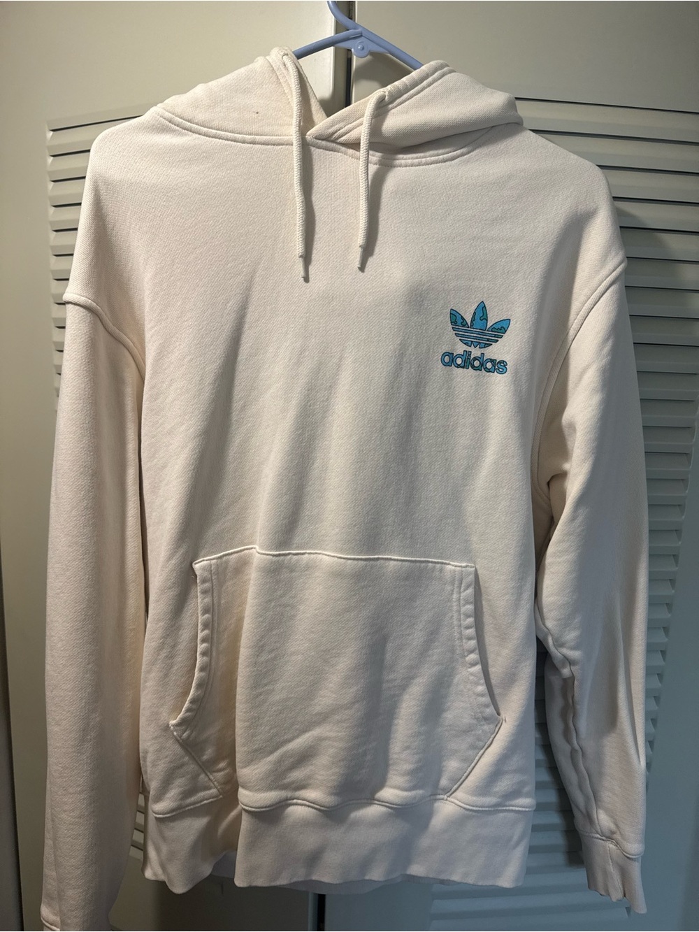 adidas Men’s Cream Hoodie with Blue Trefoil